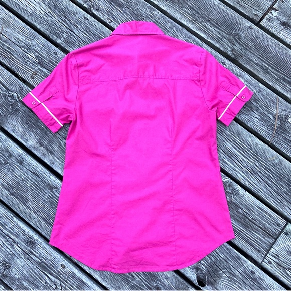 Vintage Y2K Alfred Sung Button Up Bowling Shirt Bright Pink Piping 90s does 60s - Picture 8 of 8